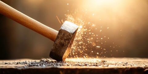 A blacksmith skillfully forges hot metal on an anvil, using a hammer as sparks fly in the warm glow of late afternoon light, showcasing traditional craftsmanship