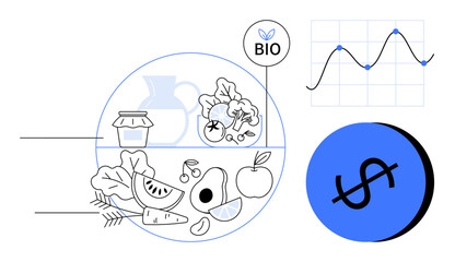 Various fruits and vegetables with a BIO label a line graph illustrating market trends a blue circle with a dollar sign. Ideal for education, healthcare, agricultural trends, food marketing