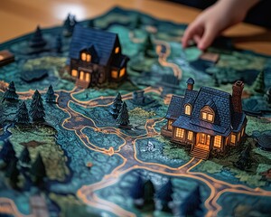 A vibrant board game setup with scenic details.