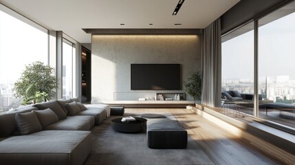 Modern penthouse living room, city view, relaxing ambiance, home design