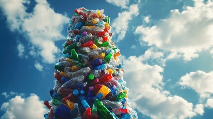 A towering pile of colorful plastic bottles and containers against a vibrant blue sky filled with fluffy clouds, symbolizing plastic waste and pollution.