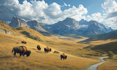 Bison grazing mountain valley autumn landscape