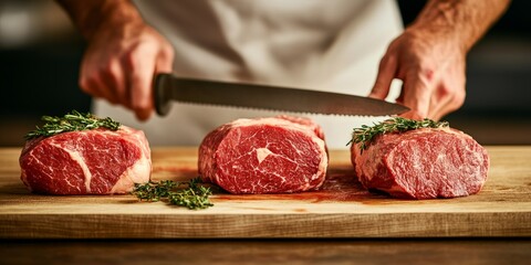 A meat shop worker in an apron expertly slices high-quality steaks while arranging fresh herbs nearby, creating an inviting atmosphere for customers