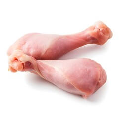 A pair of raw chicken thighs with skin, featuring fresh pale pink color and firm texture isolated on a plain white background.
