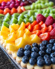 Vibrant fruit tart arrangement showcasing fresh blueberries strawberries raspberries kiwi and mango for healthy eating concept