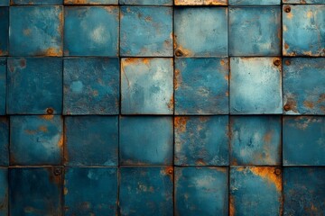 Naklejka premium Weathered turquoise metal tiles creating textured wall background