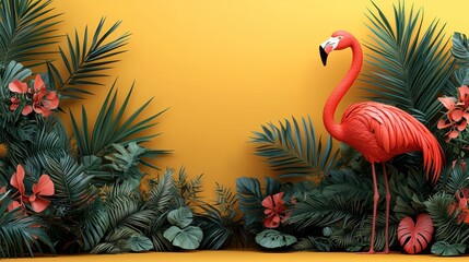 Tropical flamingo, vibrant plants, yellow backdrop, still life, digital art, studio shot