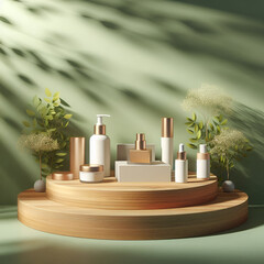 3D Podium empty stylish wood with beautiful morning sunlight with dappled light on blank green wall in background. Beauty, skincare, cosmetic products