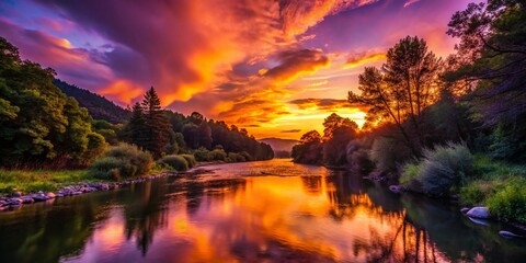Obraz premium Silhouette of Trees & River at Sunset, Cilento National Park, Italy