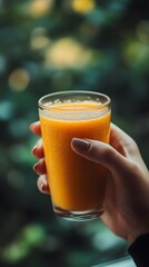 A hand holding a refreshing orange smoothie against a blurred green background.