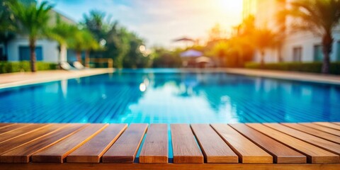Silhouette of Wooden Tabletop Over Blurred Blue Swimming Pool - Summer Relaxation Stock Photo