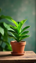 Fototapeta premium Green plant in terracotta pot on rustic wood table, view, summer