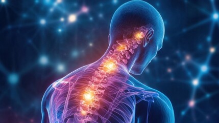 Human spine anatomy visualization highlighting neural connections and lumbar region in vibrant colors Correct Posture Month