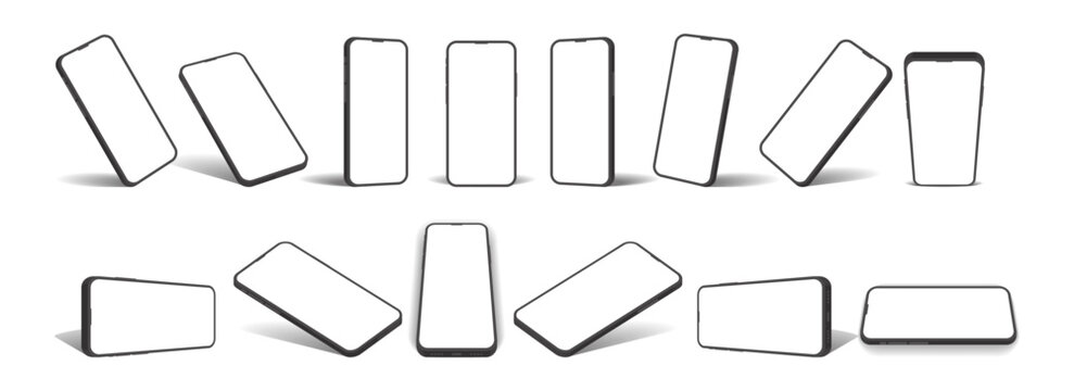 Smartphone Mockup Collection &ndash; Realistic 3D Mobile Phones in Various Angles, Including Front, Side, Top and Perspective Views with Shadows on White Background.