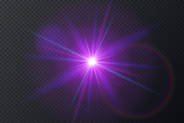 Glowing multicolor star light with lens flare. Realistic starburst lighting. Rays of light and glare. Abstract violet, pink, blue light effect on dark background. Spark star. Vector illustration