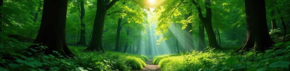 Lush green canopy in deep woods, sunlight dappled , outdoor, summer, plant