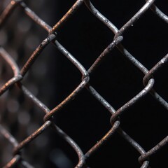 Fototapeta premium Intricate metal fence detail, sharp focus, black background, mesh, strong