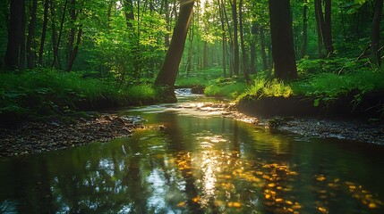 Fototapeta premium Sunlit stream flowing through lush green forest.