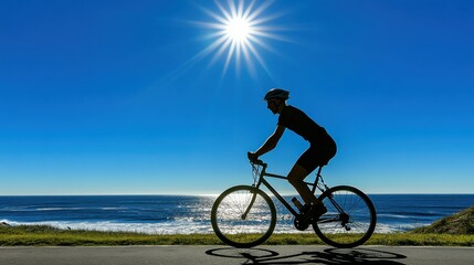 Fototapeta premium Cyclist Riding Bicycle Along Scenic Coastal Path Under Bright Sunlight