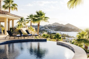 Fototapeta premium Luxurious seaside villa with infinity pool overlooking palm-lined hills