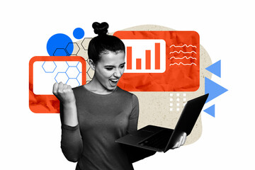 Creative sketch collage of happy businesswoman hold laptop chart webpage development icon success...