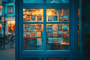 City cafe window display with travel photos