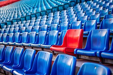 Fototapeta premium Single Red Seat Amongst Blue Stadium Seats: Confidence, Uniqueness, Macro Photography