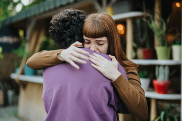 A heartfelt moment captured as two friends share an emotional embrace in a comfortable outdoor...
