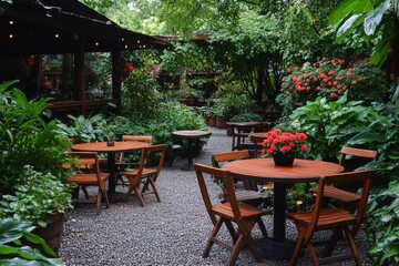 Obraz premium Charming outdoor café with lush greenery, red flowers, and inviting rustic ambiance