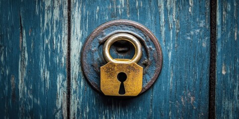 Rustic brass padlock on weathered blue wooden door close-up World Password Day