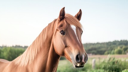 Naklejka premium Majestic horse with glossy mane stands gracefully against lush b