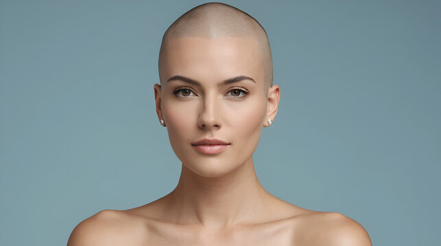 there is a woman with a shaved head and no shirt.