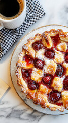 Cherry pie with lattice crust and powdered sugar on marble table
