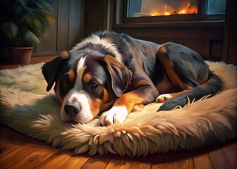 Obraz premium Sleeping Greater Swiss Mountain Dog, Cozy Home Interior, Low Light Photography