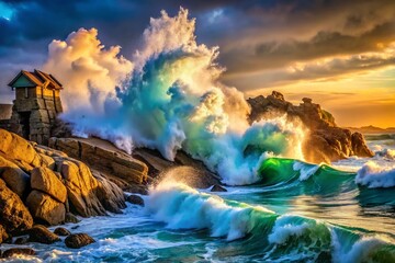 Naklejka premium Slow Motion Ocean Wave Crashing on Rocky Coastline - Dramatic Seascape Photography
