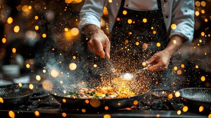 Chef cooking stir-fry in a restaurant, sparks flying.  Possible use Stock photo for restaurant, food, cooking