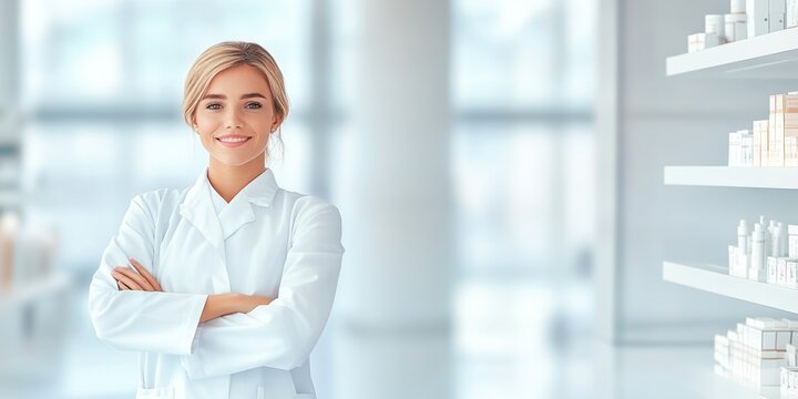 A professional is organizing rows of medicine boxes on shelves in a bright pharmacy. The emphasis is on a clean and orderly environment, promoting health
