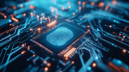 Close-up of a glowing digital fingerprint embedded in a blue tech circuit board. A biometric scanner reads the thumbprint, activating security access verification with holographic