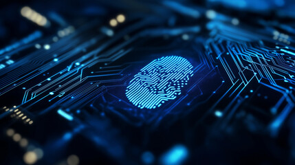 Cybernetic fingerprint recognition, where a digital thumbprint scan illuminates a blue-toned circuit board. Security authentication visuals display encrypted data and holographic i