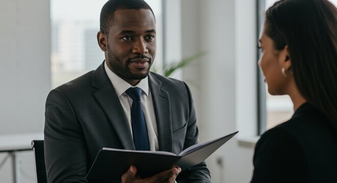 Engaged businessman discusses strategy with colleague while holding report folder