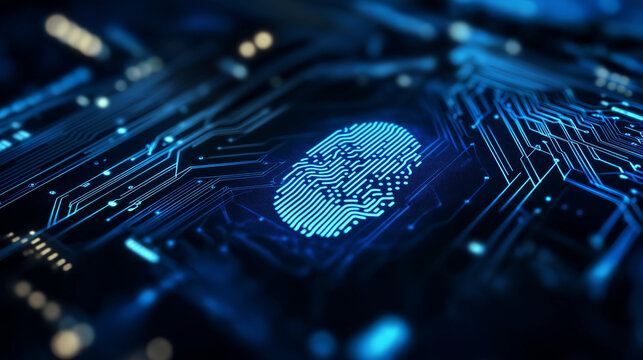 Cybernetic fingerprint recognition, where a digital thumbprint scan illuminates a blue-toned circuit board. Security authentication visuals display encrypted data and holographic i
