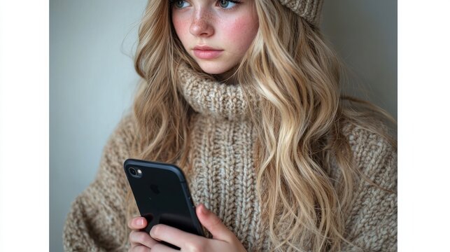 Teenage girl texting on phone, thoughtful expression, beige sweater, neutral background. Possible use teen social media, fashion, lifestyle