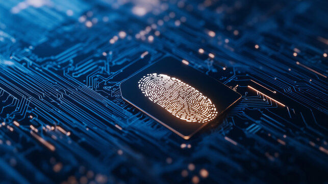 Futuristic security access system, where a scanned fingerprint glows atop a blue cyber circuit network. AI-powered verification technology processes encrypted data streams.