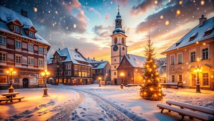 Naklejka premium Snowy Medieval Town Square, Bell Tower, Winter Wonderland - Bokeh Effect Stock Photo