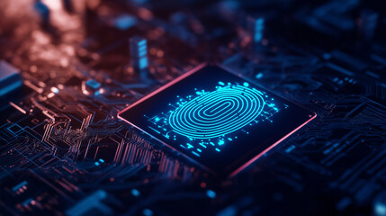 Sci-fi inspired electronic verification system, featuring a glowing blue fingerprint overlaying a detailed cybernetic circuit board, with holographic security alerts.
