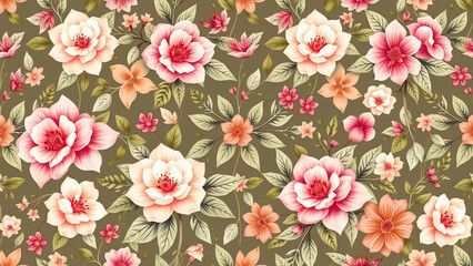 Fototapeta premium A green and pink floral pattern with vibrant hues, perfect for lively backgrounds. Ideal for wallpapers, digital designs, and creative projects.