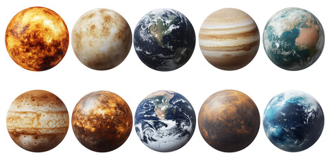 Creative set of planetary visualizations showcasing different celestial surface designs and atmospheric details, ideal for astronomy concepts, space art, and educational displays.