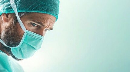 A skilled surgeon is focused and readying for an important procedure, wearing a surgical mask and cap in a sterile operating room setting
