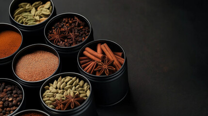 Overhead view of Indian chai masala spices, neatly arranged in metal tins. A vibrant assortment of cinnamon sticks, star anise, cardamom pods, and cloves creates a warm, aromatic c