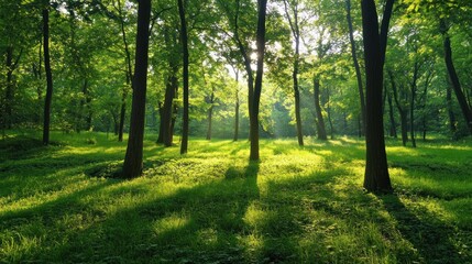 Obraz premium Lush green forest at dawn, sunlight filtering through trees.